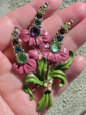 Vintage Art Deco Era Enamel Rhinestone Pot Metal Large Floral Brooch 3" Spring